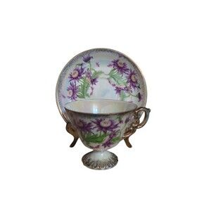 September Aster Footed Tea Cup & Saucer Enesco Japan Purple Iridescent 1983